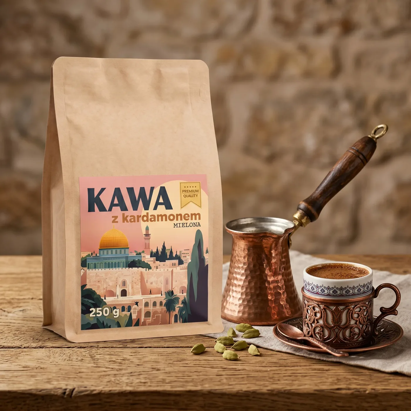 Małe Betlejem cardamom coffee in an arrangement with a copper cezve and a cup of eastern-style coffee