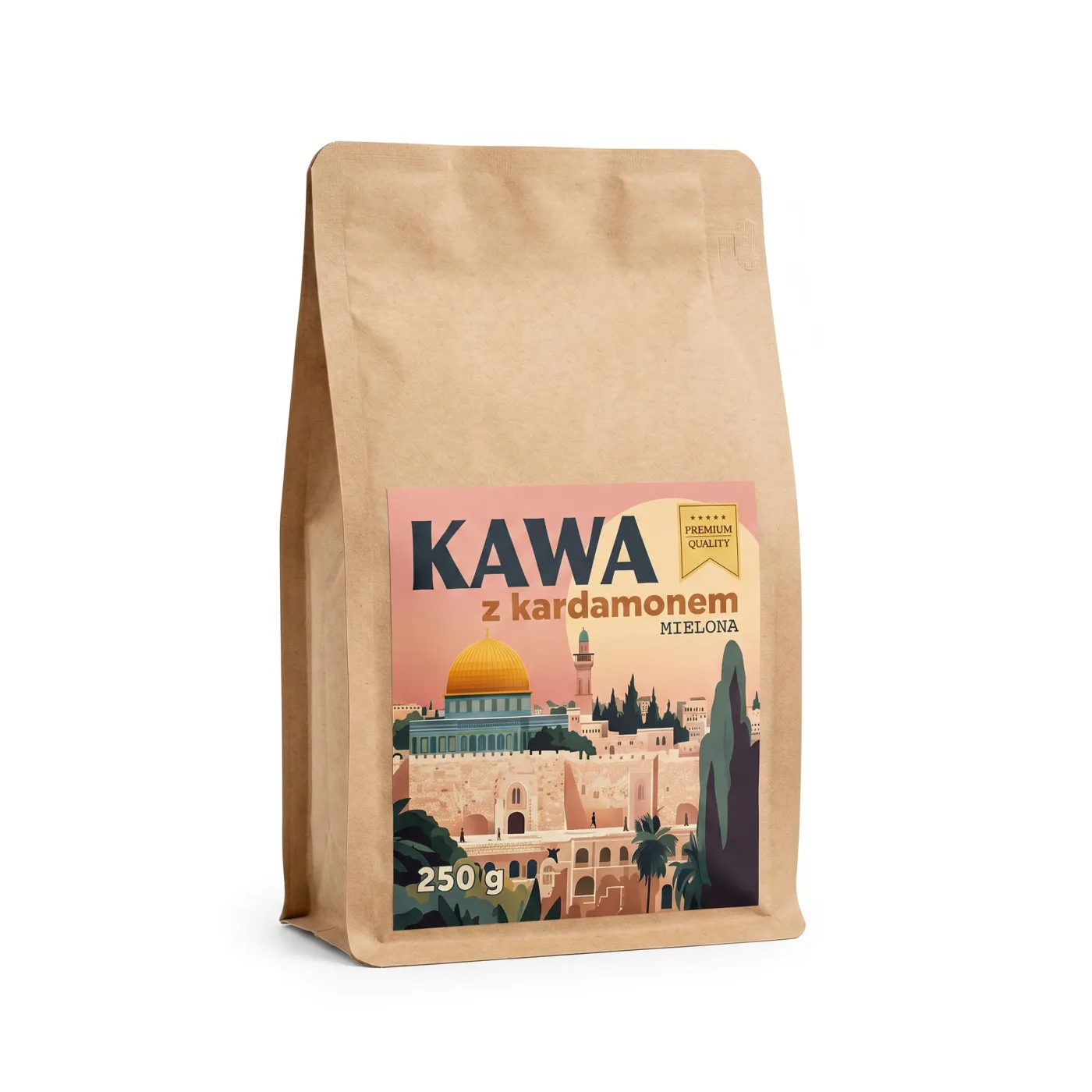 Cardamom coffee 250 g in a kraft doypack — a real product packed under the Małe Betlejem brand