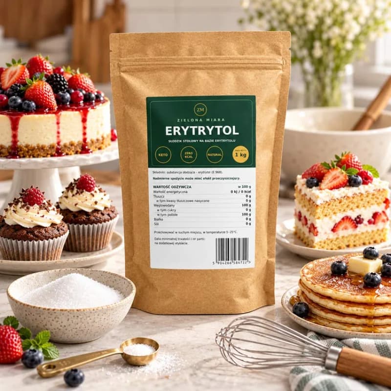 Aranżacja: doypack kraft 1 kg z erytrytolem na jasnym blacie, sernik z owocami, babeczki, naleśniki i miseczka słodzika