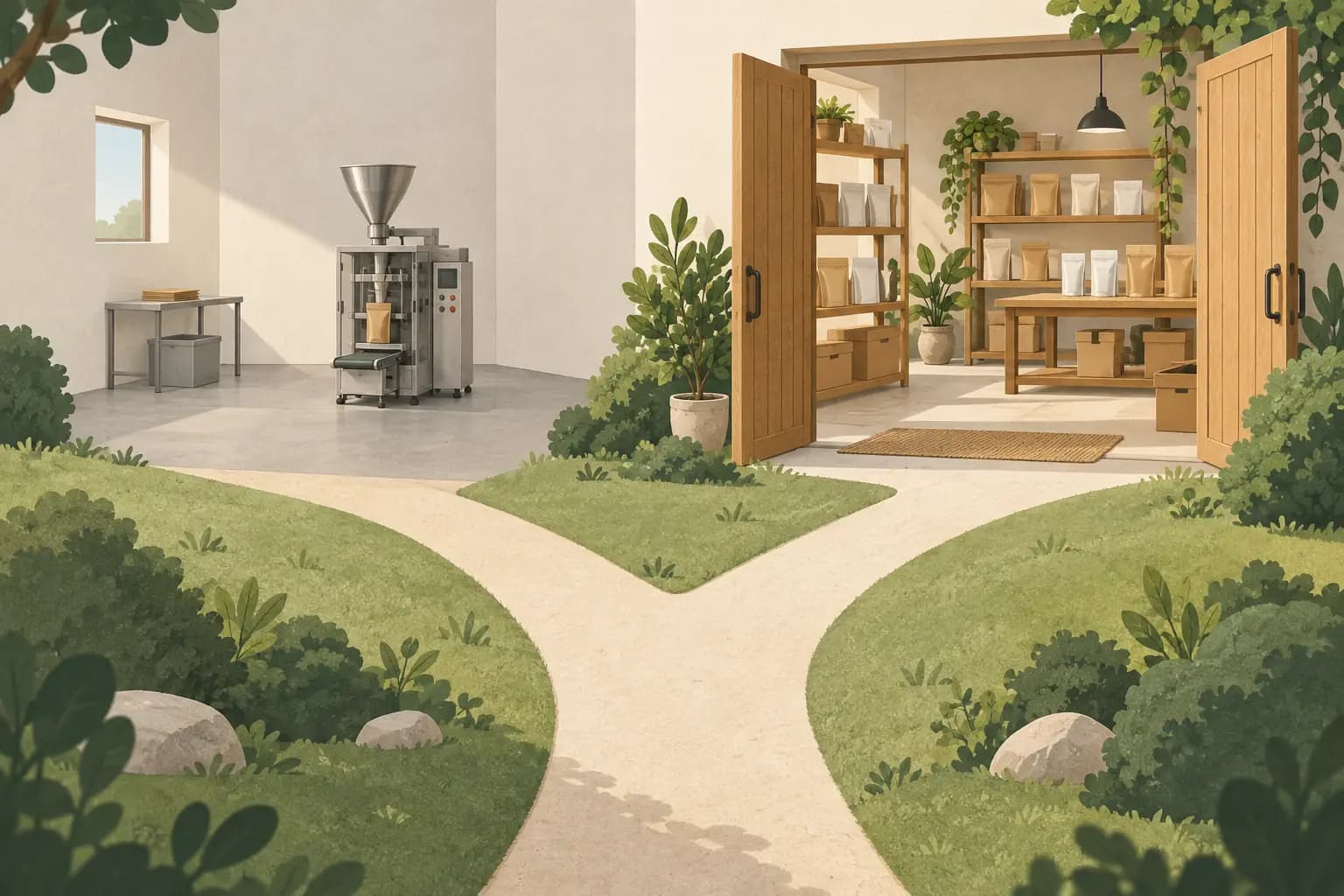 Ilustracja: rozwidlona ścieżka do własnej maszyny pakującej i do pracowni partnera