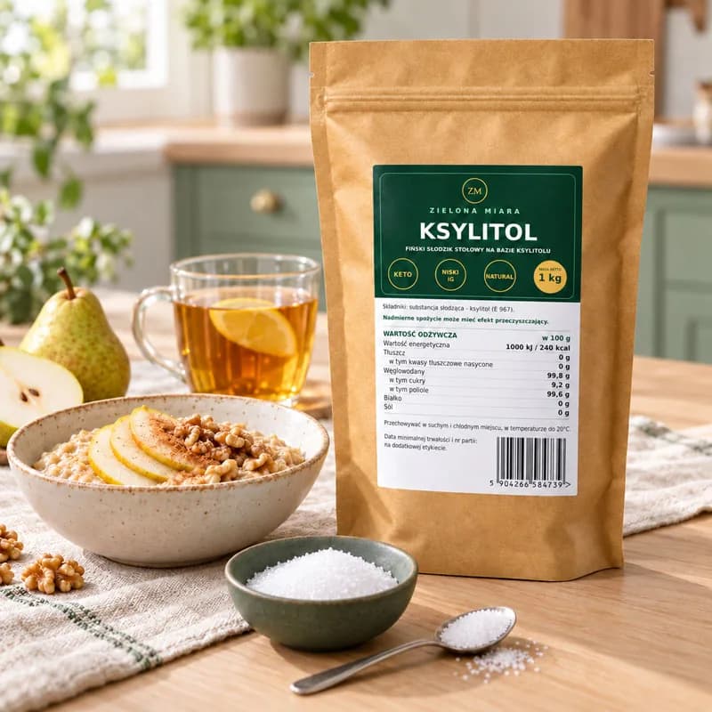 Aranżacja: doypack kraft 1 kg z ksylitolem w jasnej kuchni, herbata z cytryną, owsianka z gruszką i orzechami, miseczka ksylitolu