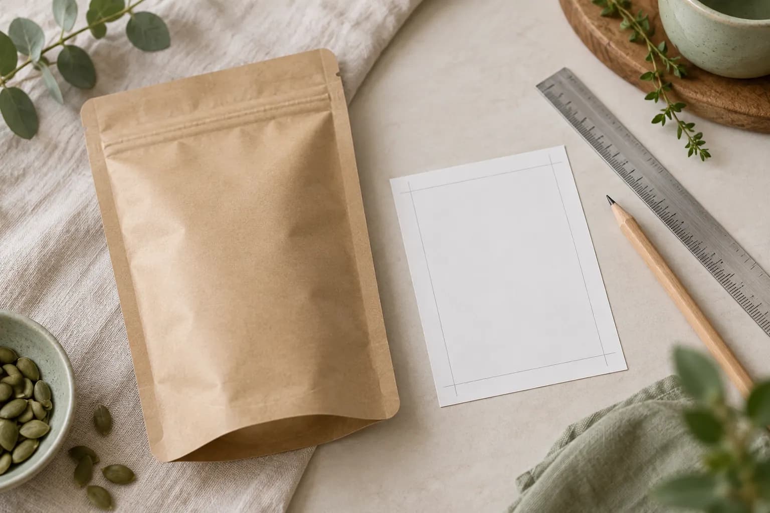 Ilustracja: pusta etykieta z liniami pomocniczymi obok doypacka kraft