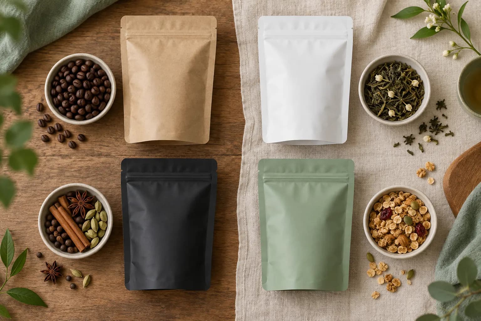 Ilustracja czterech kategorii konfekcjonowania: kawa, herbata, przyprawy i superfoods