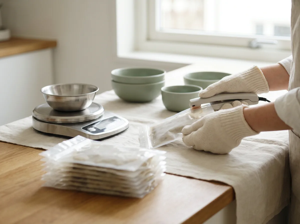 Packing room — weighing and packing a batch under the client's brand